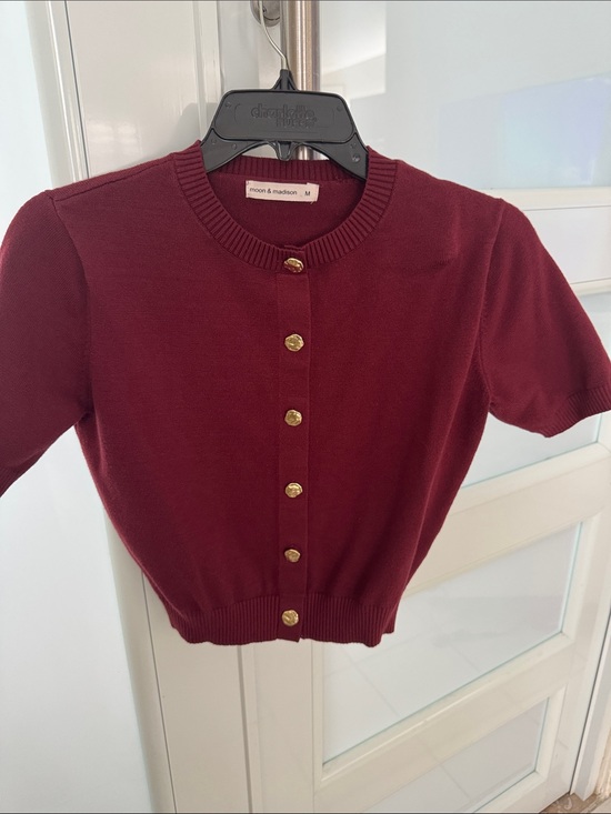 moon & madison Sweaters - moon & madison Wine Red Short Sleeve Knit Cardigan with Gold Buttons